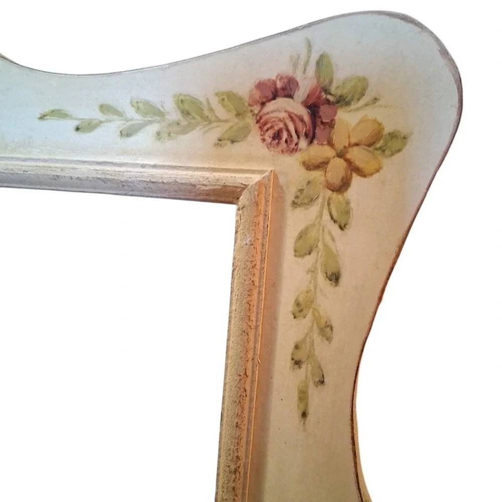 Cottage Core French Country Antiqued Green Pink Yellow Floral Wall Mirror 15.5